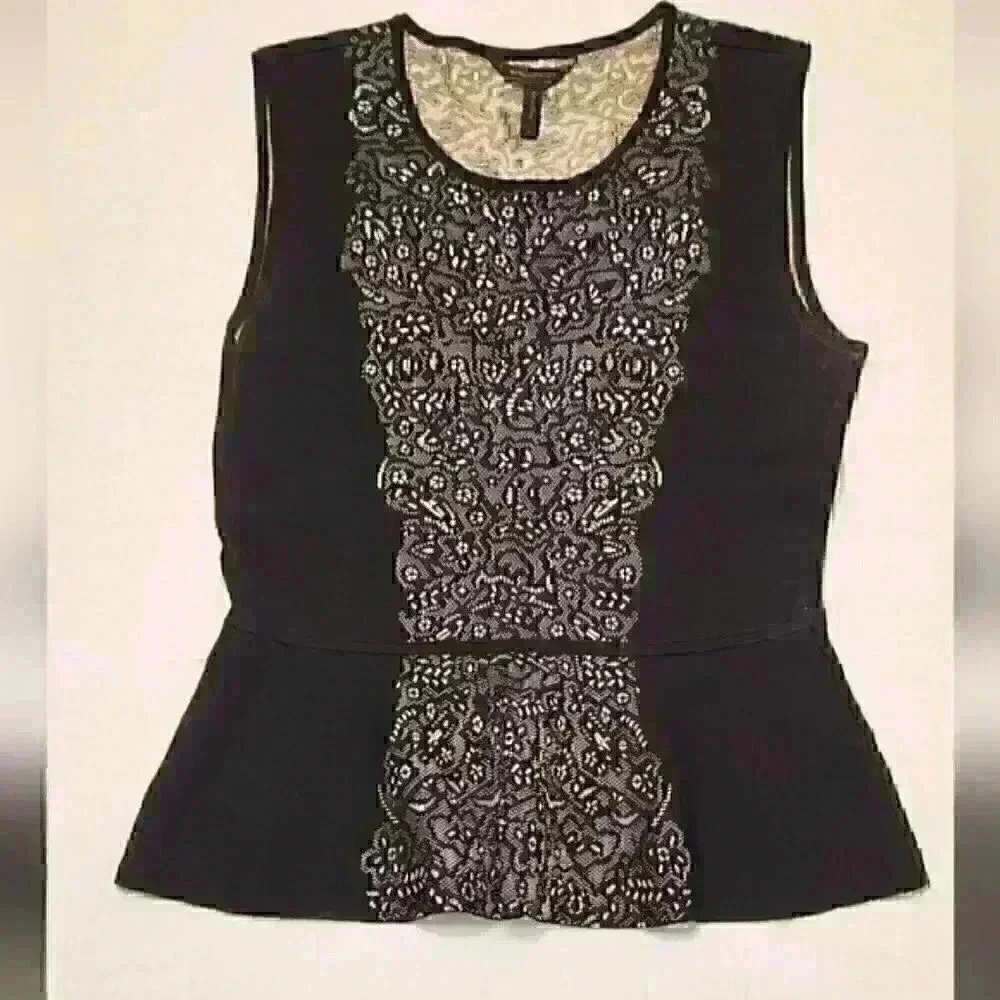 BCBGMaxazria Med Alonya Jacquard Peplum Top Black White Sleeveless  R: $268